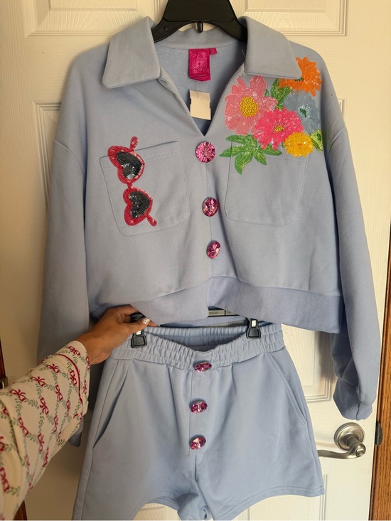 QUEEN OF SPARKLES Tops - Queen of Sparkles Two-Piece Set with Floral Embroidery & Sequin Buttons